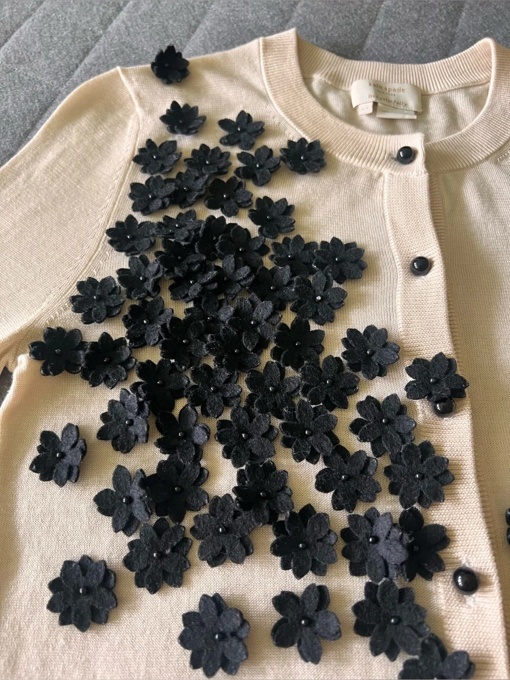 KATE SPADE XS Silk Cotton Cashmere Blend Cream Black Flowers Cardigan